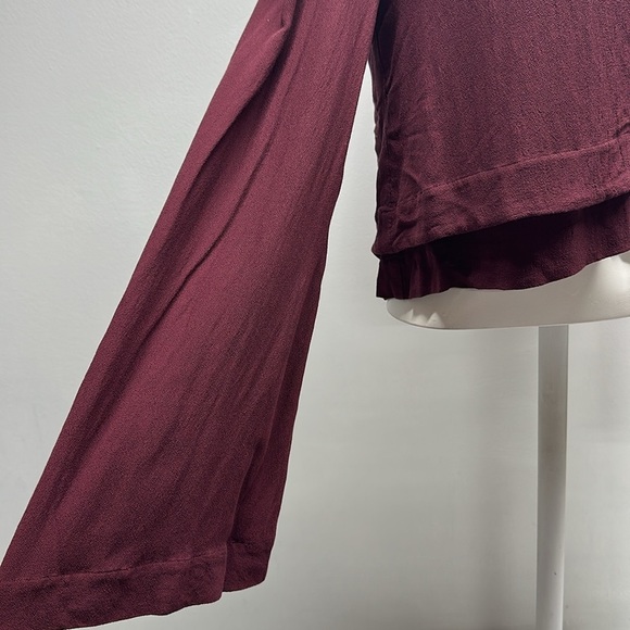 Free People Crop Top Cropped Long Sleeve Blouse V Neck Crepe Boho Maroon Size XS - Picture 7 of 9